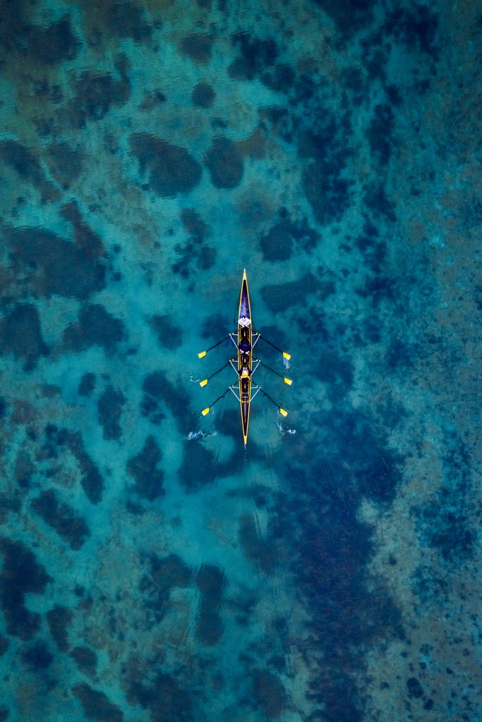 Aerial view of rowing boat on a lake, Germany