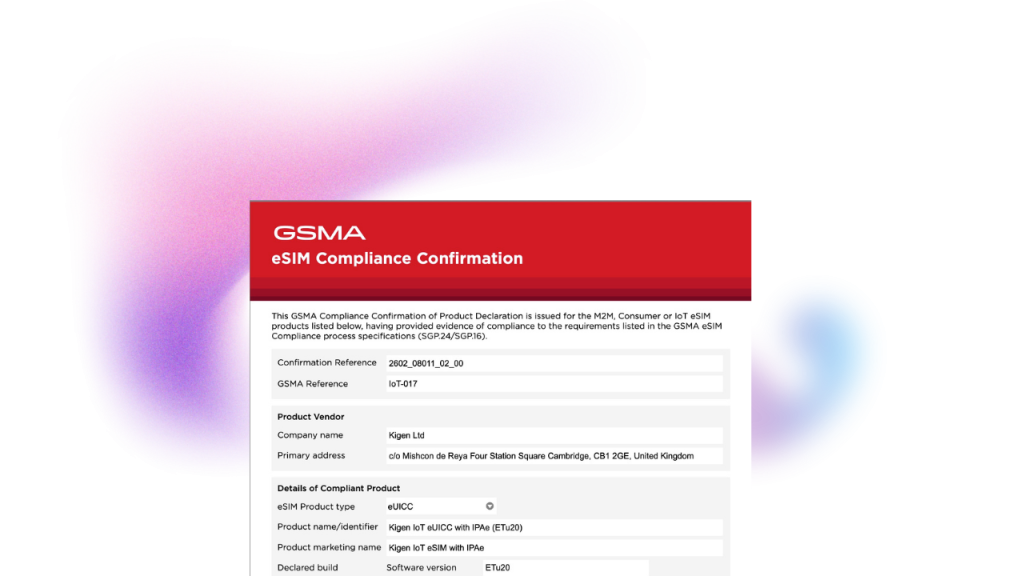 Kigen eSA GSMA declaration for all eSIM products