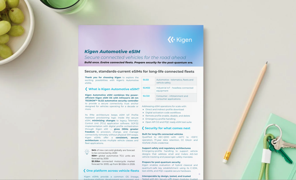 Kigen automotive eSIM explained in one page for automakers and vehicle fleet operators - laid on a table